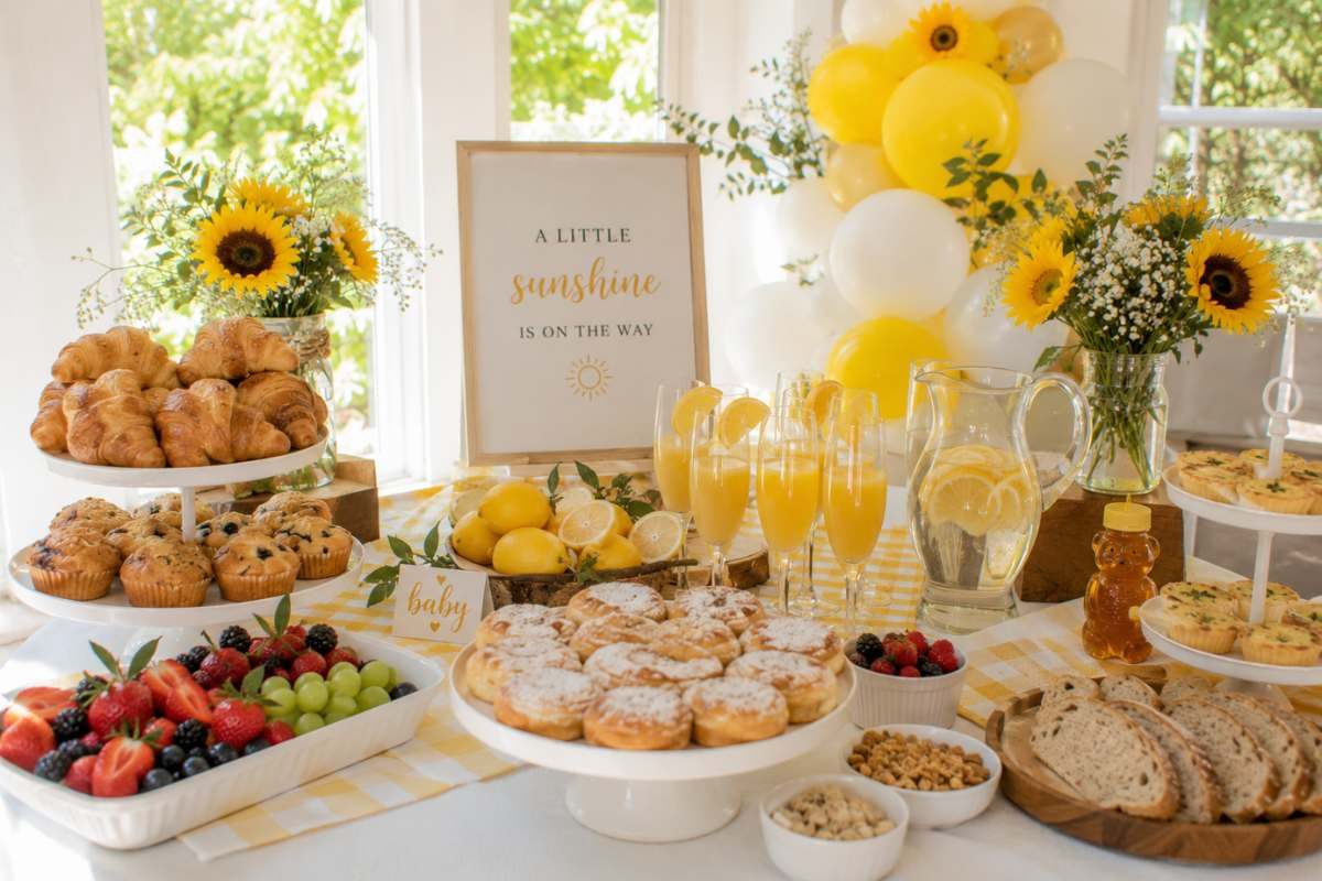 Bright and sunny brunch baby shower setup featuring lemon-inspired décor, fresh citrus centerpieces, yellow floral arrangements, elegant table settings, balloon accents, and a cheerful daytime celebration atmosphere.