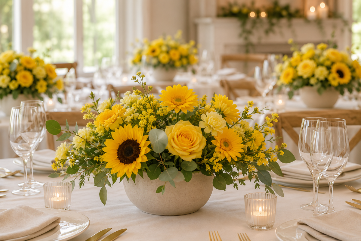 Yellow sunflower and daisy floral centerpieces for baby shower tables