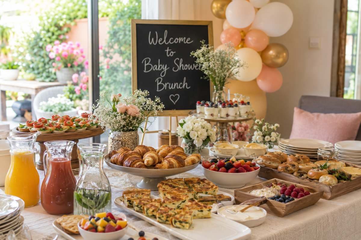 Beautiful brunch baby shower buffet table featuring croissants, mini quiches, fresh fruit, yogurt parfaits, bagels, juice pitchers, floral arrangements, and elegant blush balloon décor in a bright indoor celebration setting.