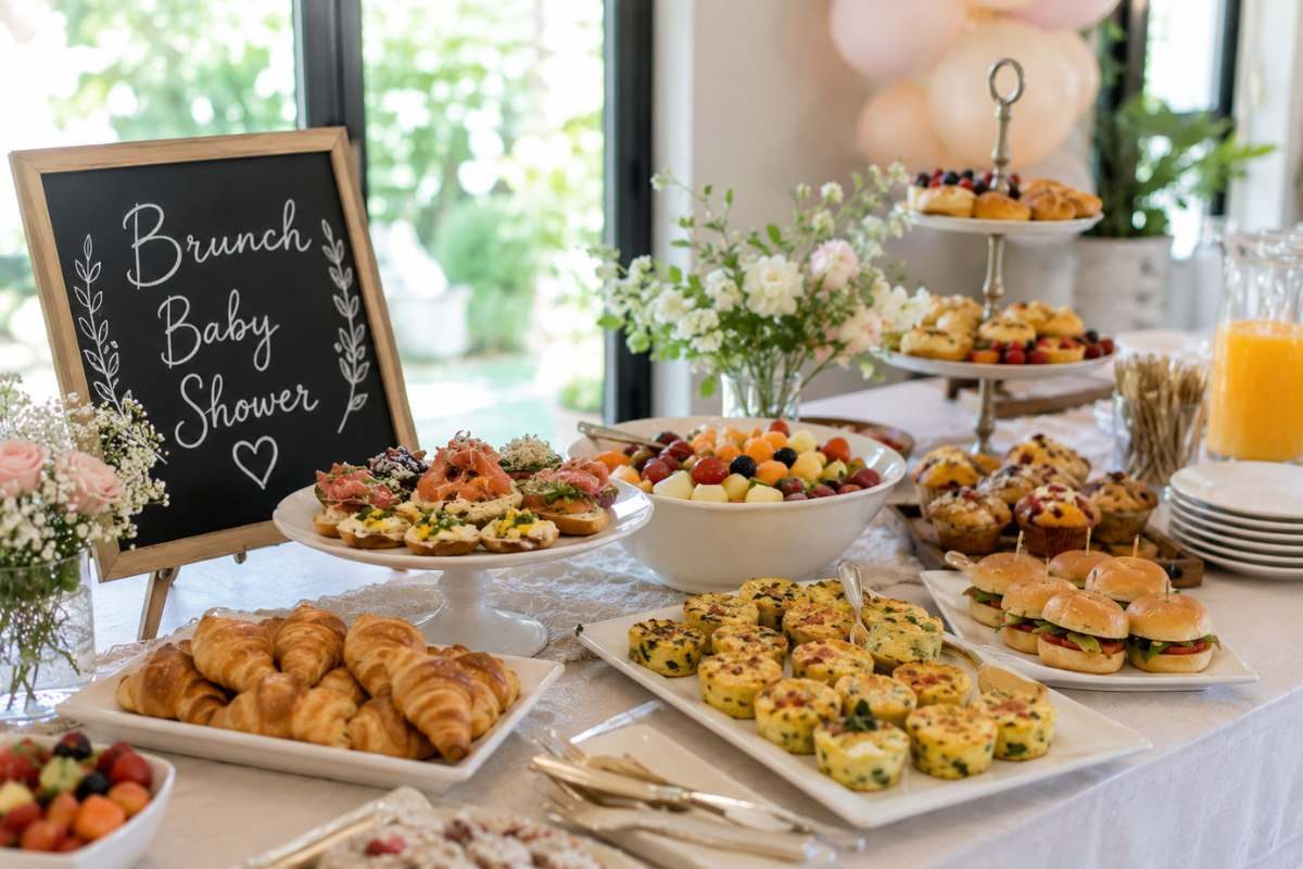 Elegant brunch baby shower food table featuring croissants, mini quiches, tea sandwiches, fruit salad, sliders, muffins, fresh juice, and floral décor in a bright indoor celebration setting.