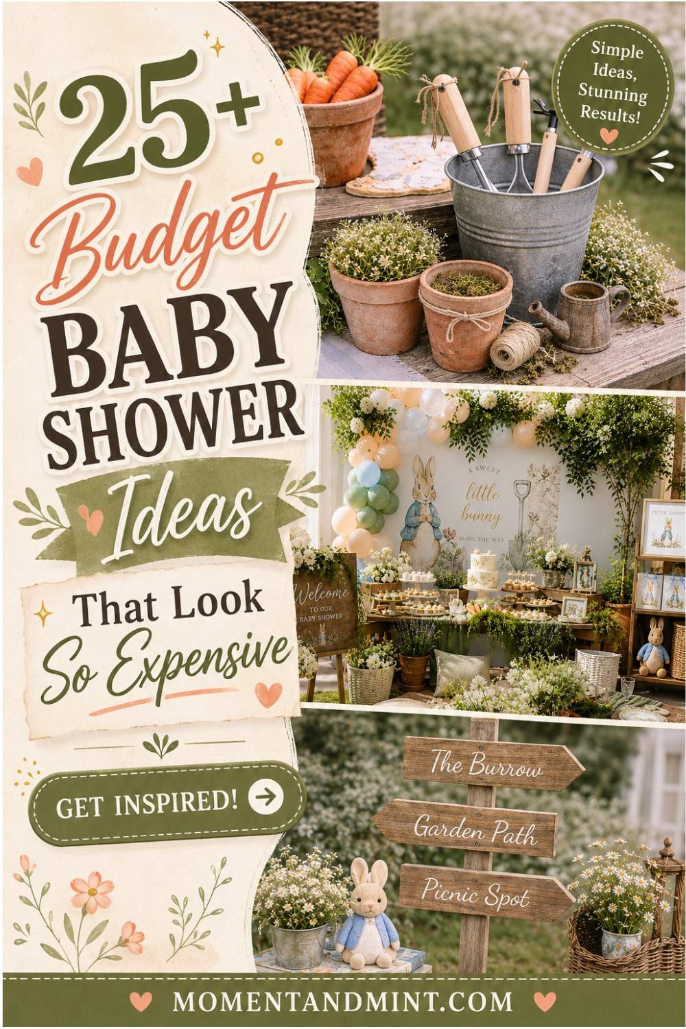 Affordable backyard baby shower inspiration featuring rustic garden décor, Peter Rabbit party decorations, DIY floral accents, vintage gardening tools, charming directional signs, and elegant budget-friendly party styling.