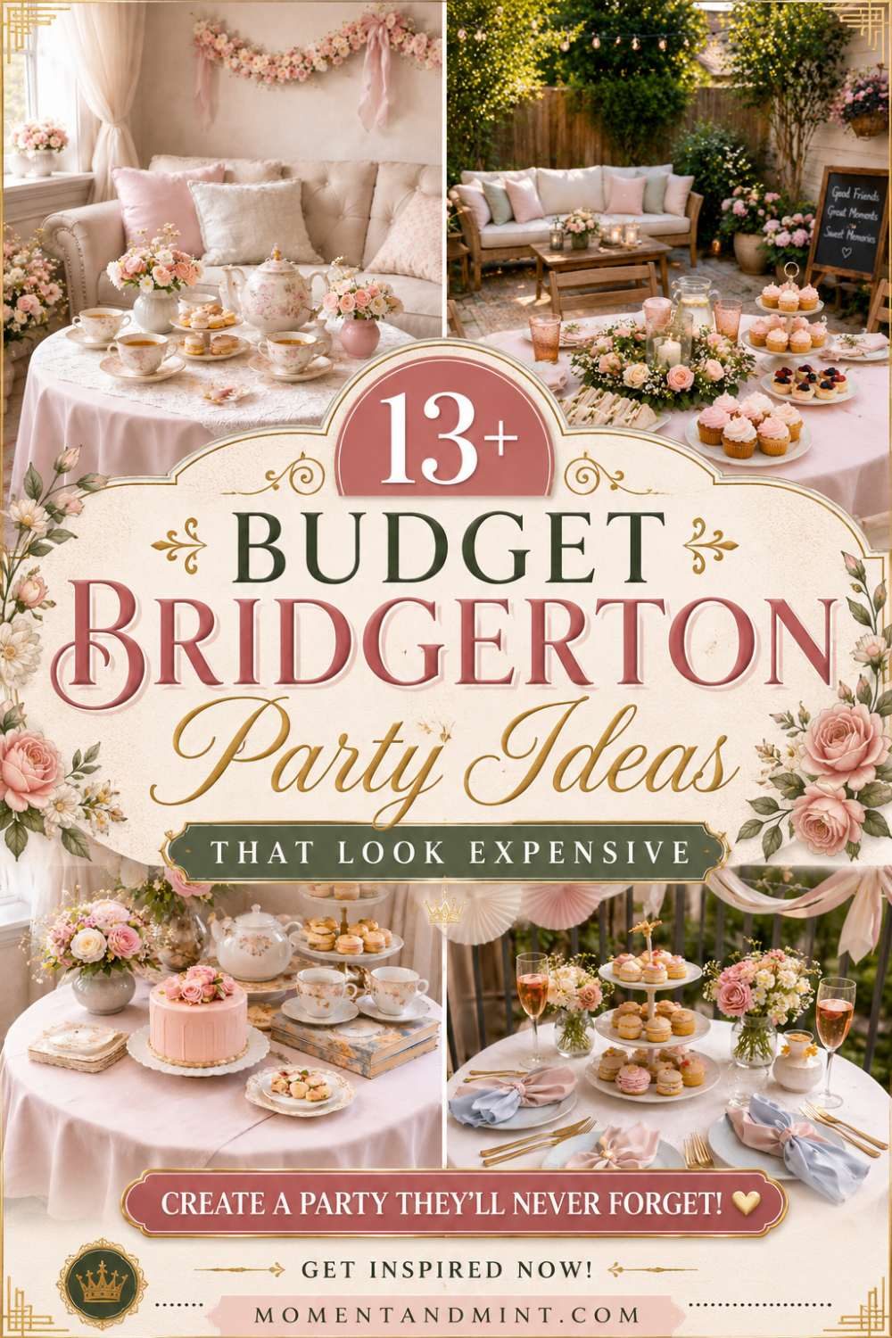 Budget-friendly Bridgerton party ideas featuring romantic pastel tables, floral centerpieces, tea party desserts, and elegant Regency-inspired decorations.