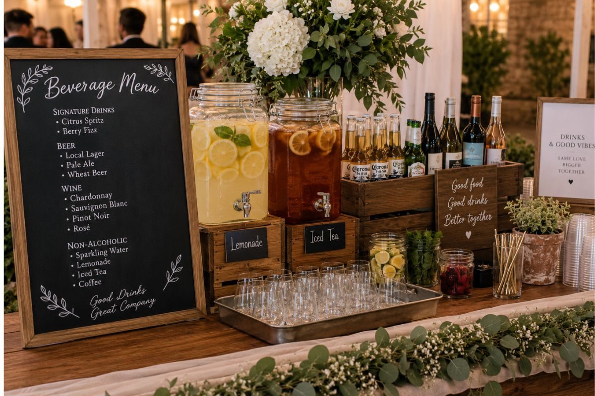 Elegant wedding beverage station featuring lemonade, iced tea, beer, wine, sparkling water, and signature drinks beautifully displayed on a rustic table with floral arrangements, creating a budget-friendly drink menu for wedding receptions.