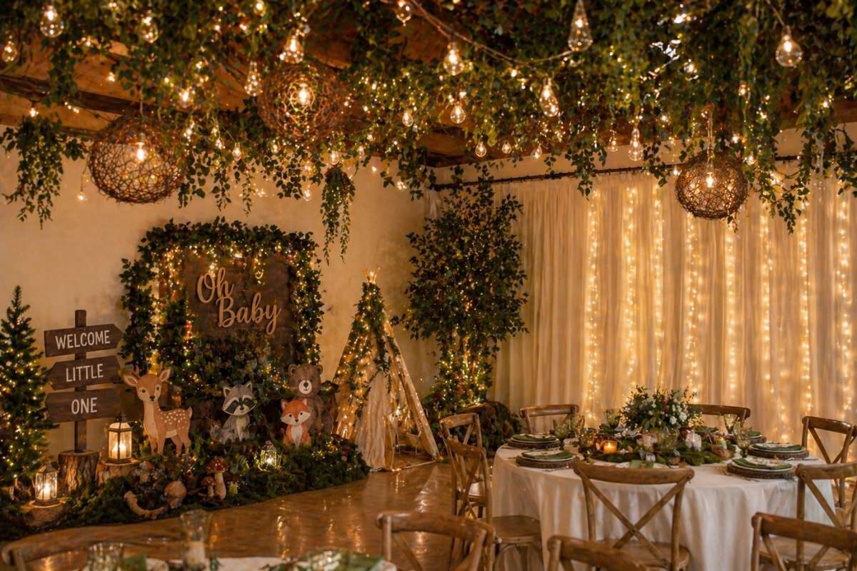 Budget-friendly woodland baby shower setup with DIY decor, greenery, and lights
