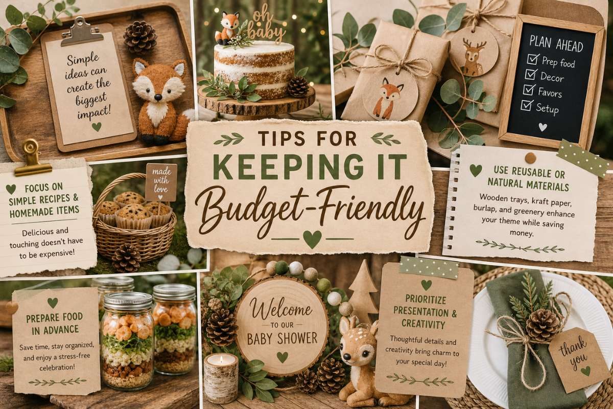 Budget-friendly woodland baby shower ideas with rustic decorations, DIY favors, simple food ideas, and natural party decor
