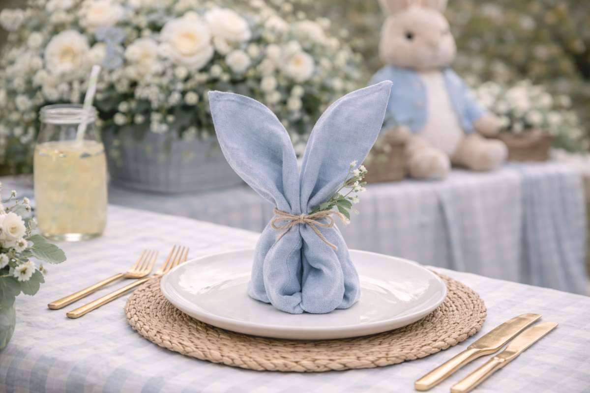 Blue cloth napkin folded into bunny ears on elegant table setting