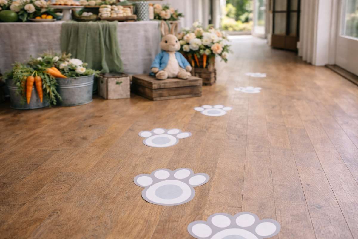 Bunny footprint decals on wooden floor leading to baby shower setup