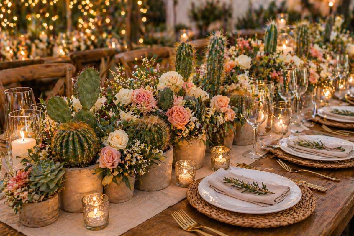 Modern wedding centerpiece with cactus and soft floral arrangement
