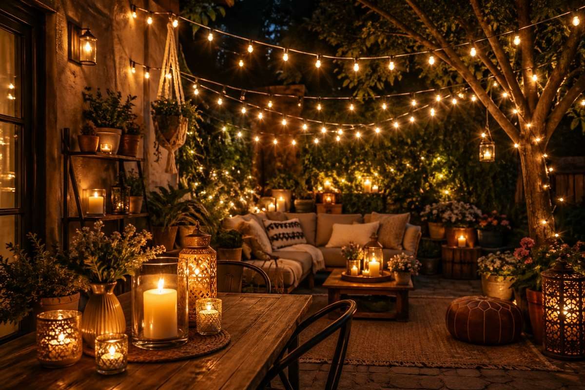 Wedding table decor with candles and string lights ambiance