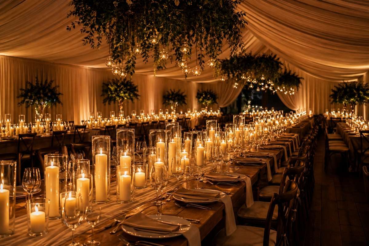 wedding reception filled with candles creating warm glowing romantic atmosphere