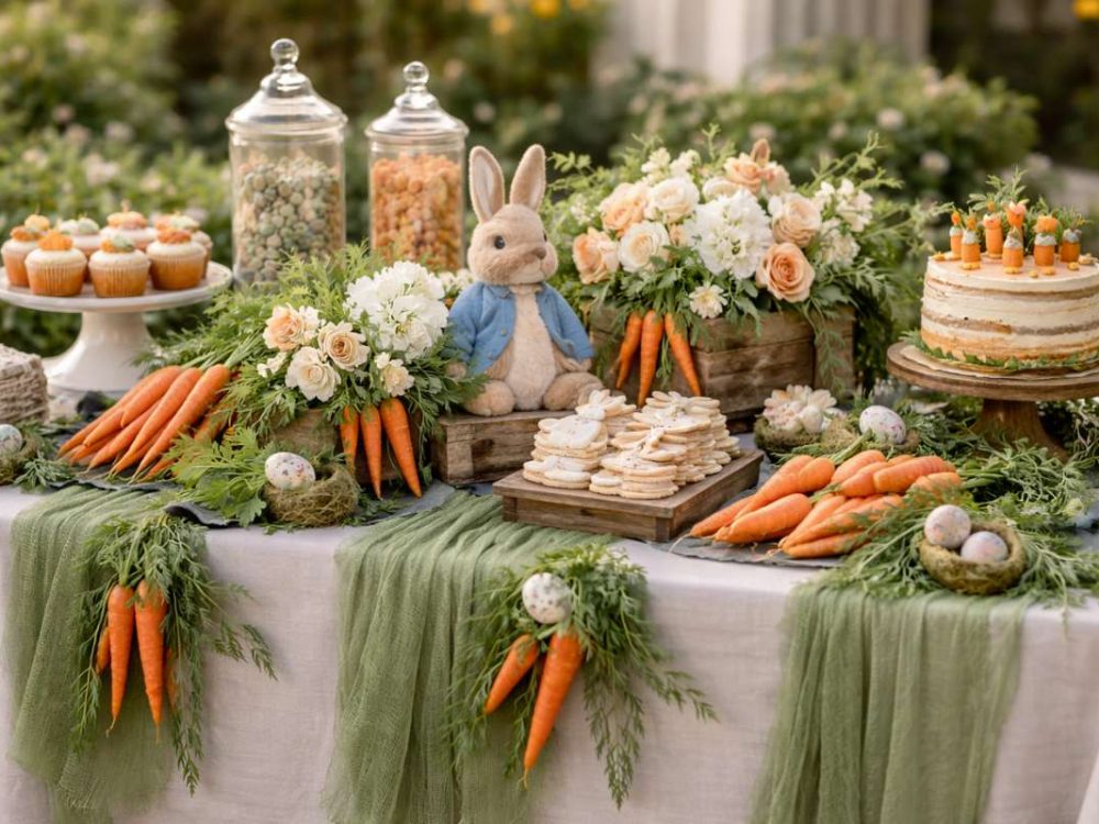 Peter Rabbit dessert table with carrot decorations, greenery, and rustic cake display