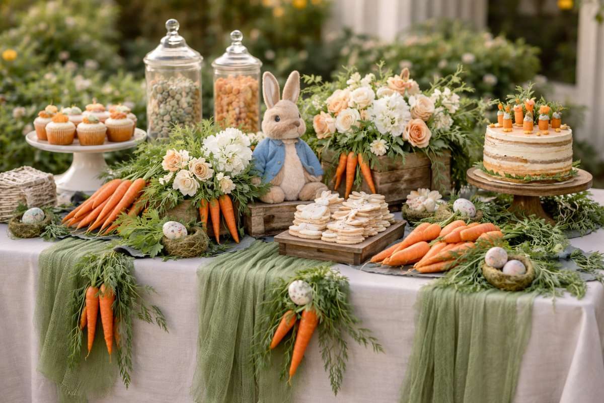 Peter Rabbit dessert table with carrot decorations, greenery, and rustic cake display
