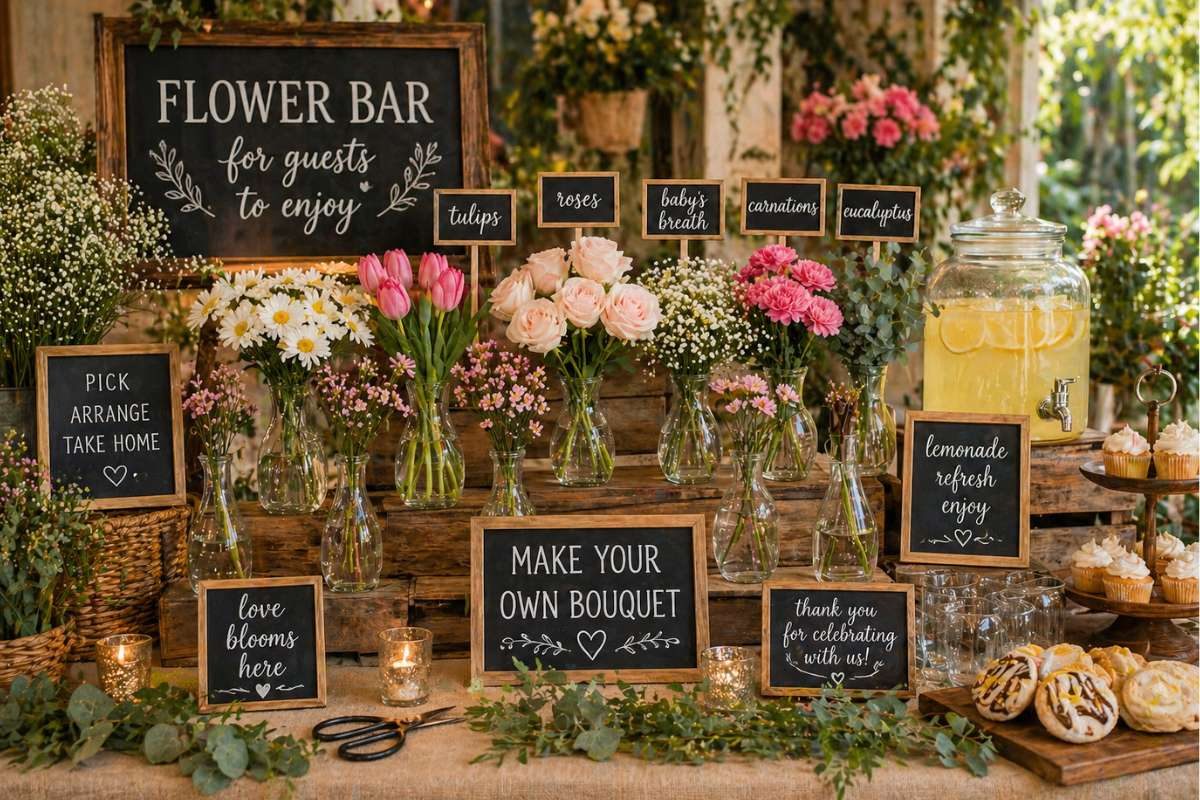 Chalkboard signs labeling flowers and drinks in a farmers market themed bridal shower flower bar