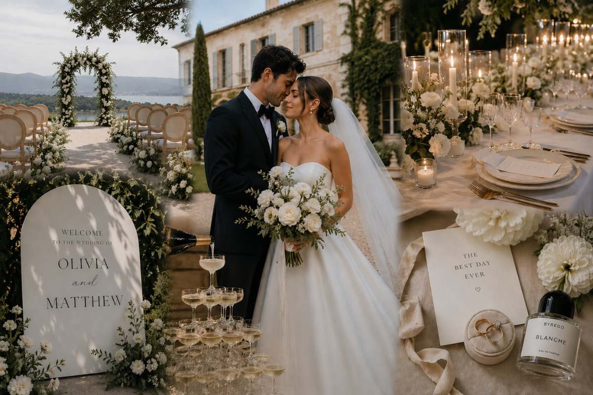 elegant outdoor wedding setup with bride and groom, floral arch, candlelight table styling and modern romantic decor