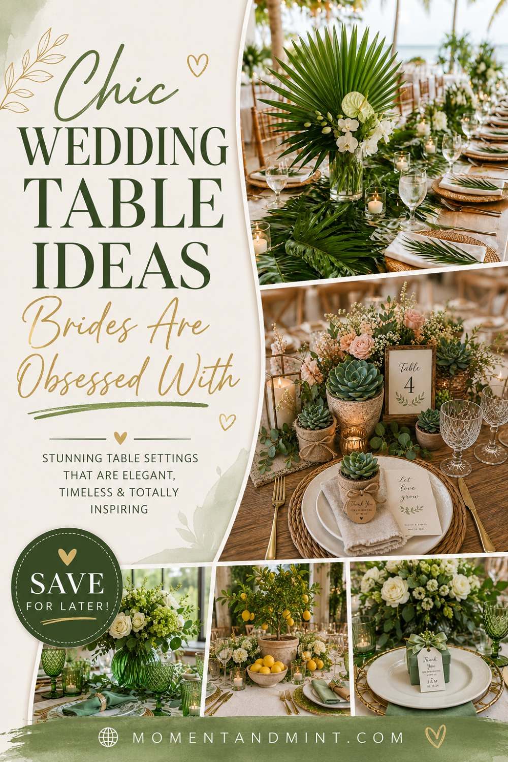 Elegant wedding table decoration ideas featuring lush greenery centerpieces, romantic floral arrangements, candlelit tablescapes, tropical accents, and timeless reception styling inspiration.