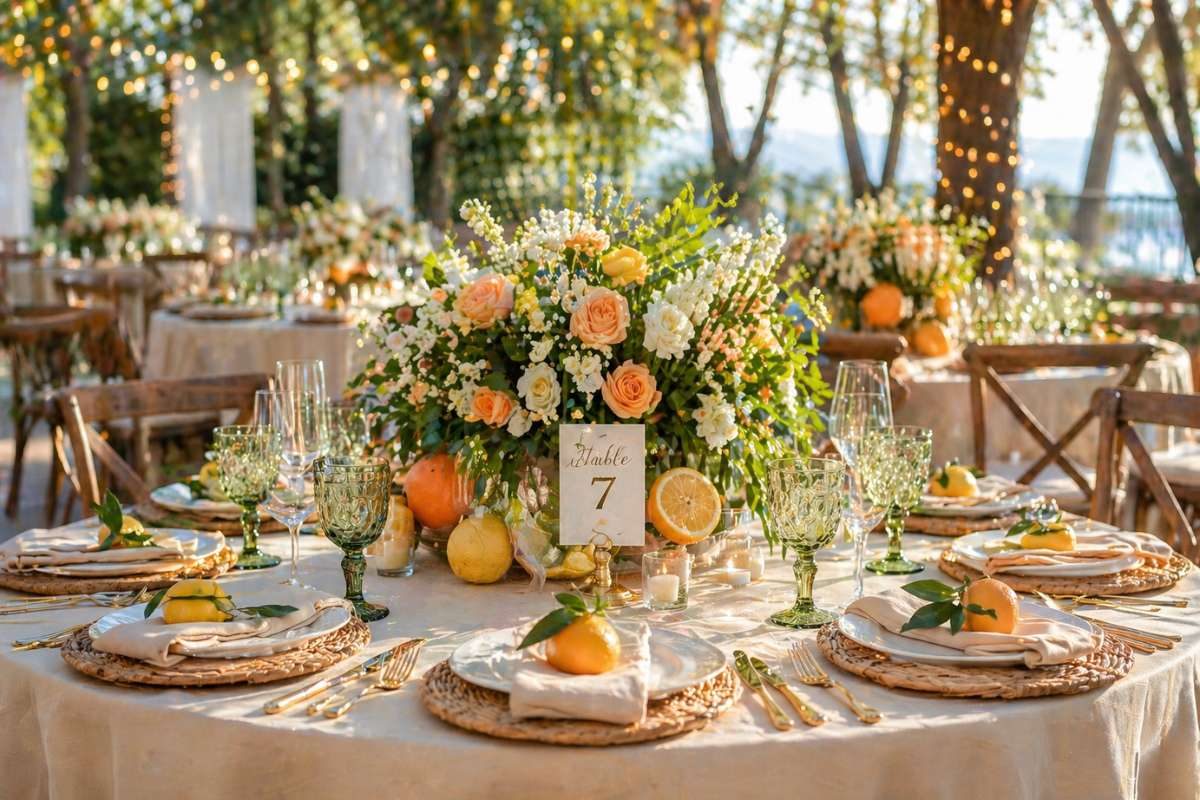 Wedding table decor with lemons and oranges as centerpiece accents