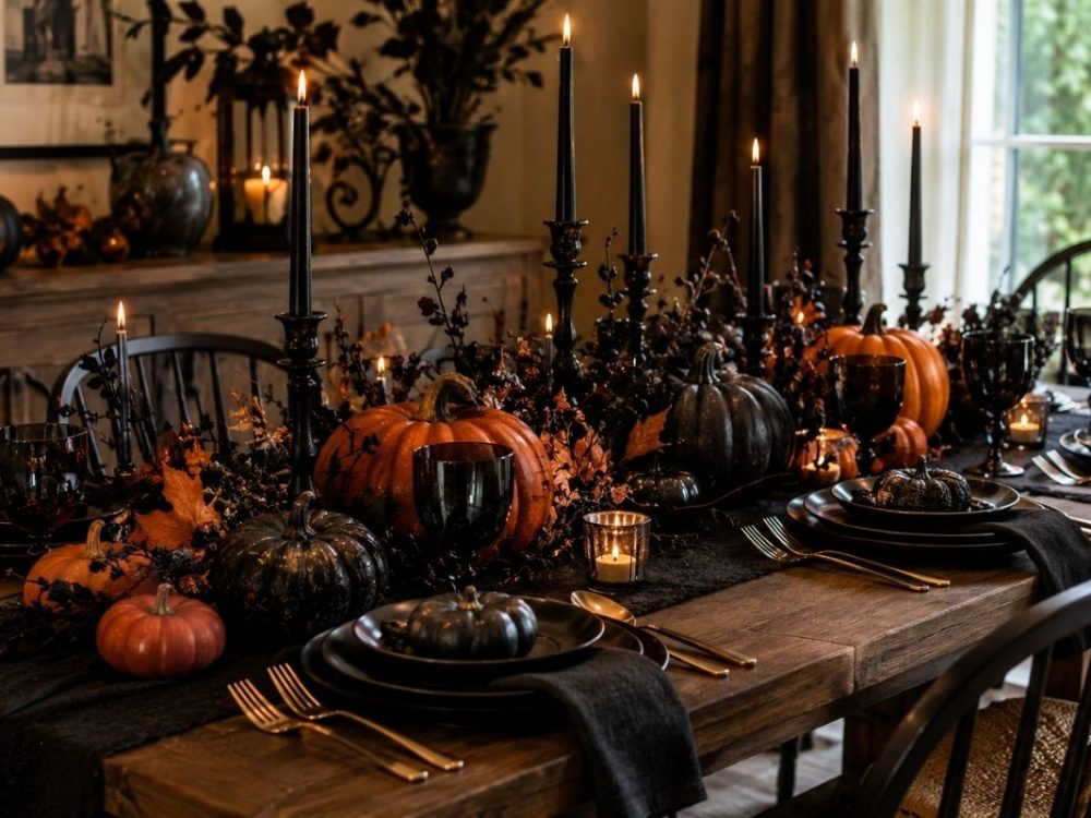 Elegant Halloween dining table decorated with black dinnerware, pumpkins, candle holders, dried branches, and dark autumn foliage