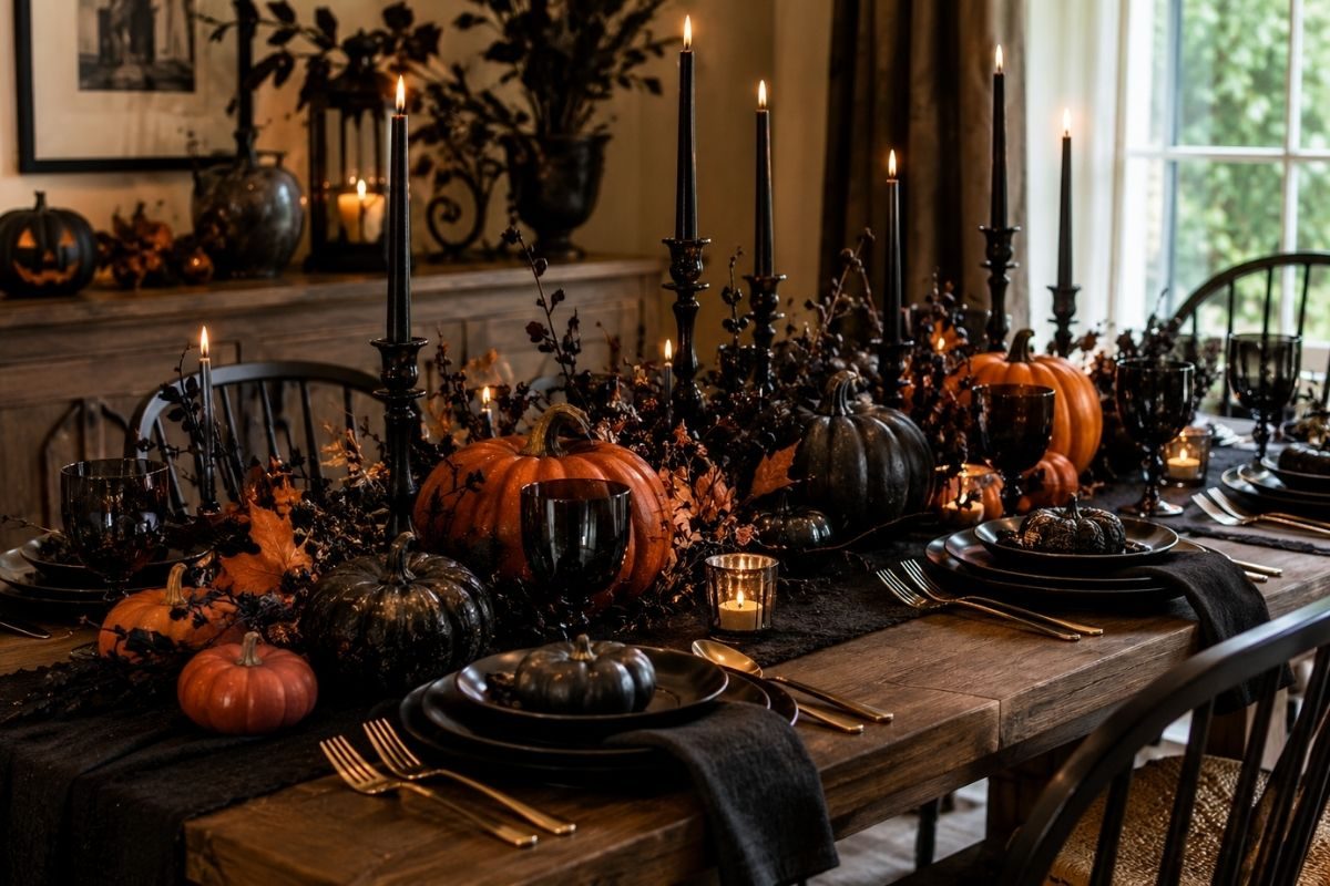Elegant Halloween dining table decorated with black dinnerware, pumpkins, candle holders, dried branches, and dark autumn foliage