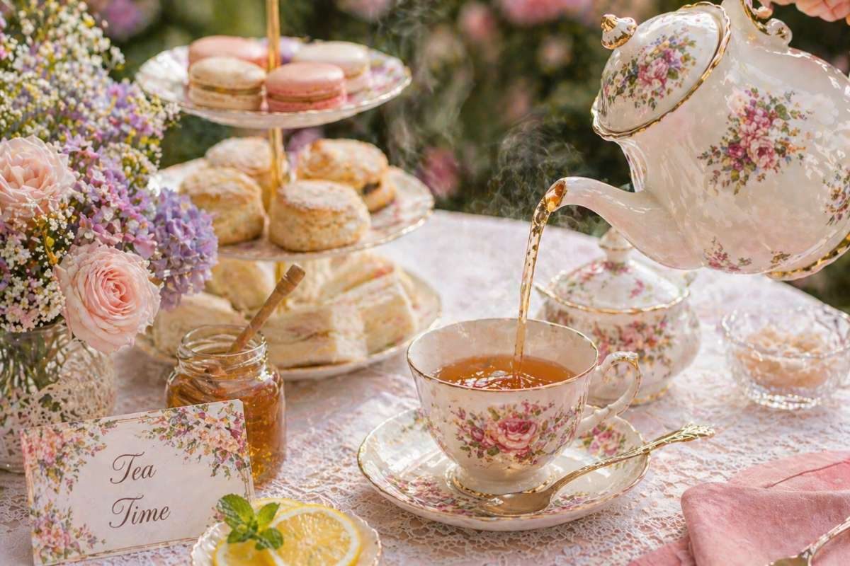 Classic hot tea poured into vintage floral teacups beside pastries and flowers at a tea party