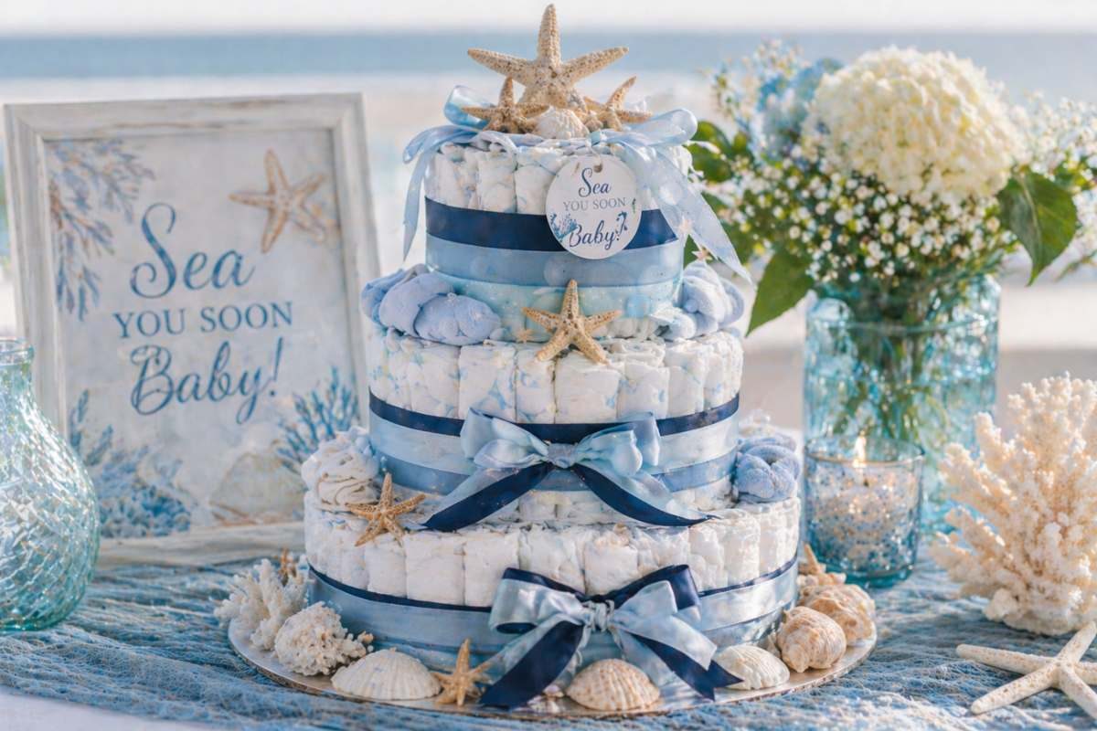 Coastal-themed diaper cake with blue ribbons, starfish, and seashell decorations.