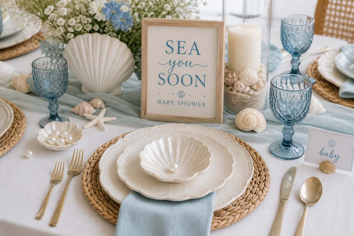 Coastal baby shower table styling with shell accents, candles, and elegant neutral tableware.