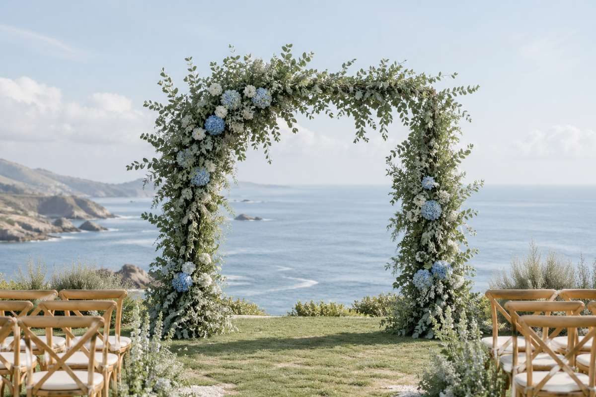 seaside wedding arch with sage greenery and dusty blue flowers