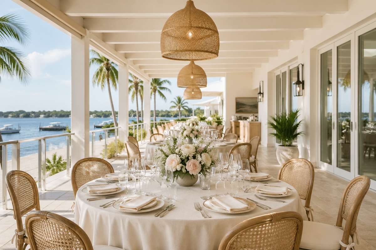 coastal wedding table setup with neutral tones, ocean view, and airy design