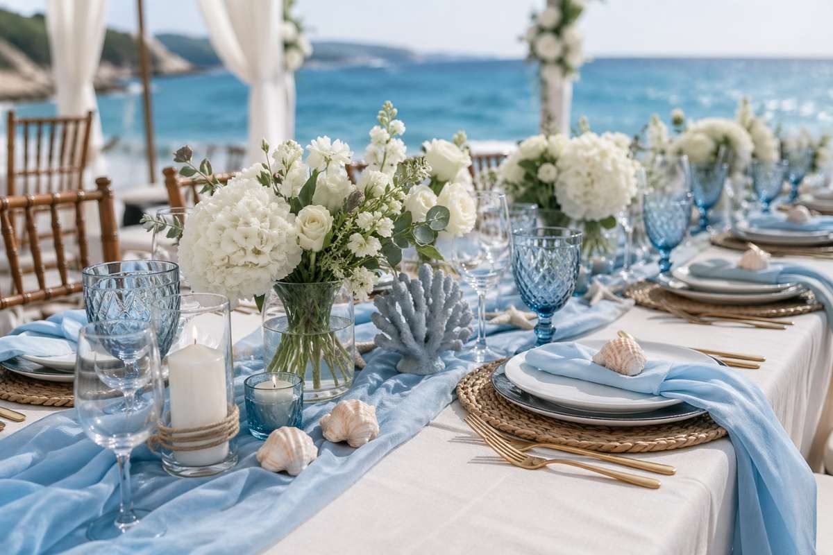 Coastal wedding table decor with blue tones and beach theme