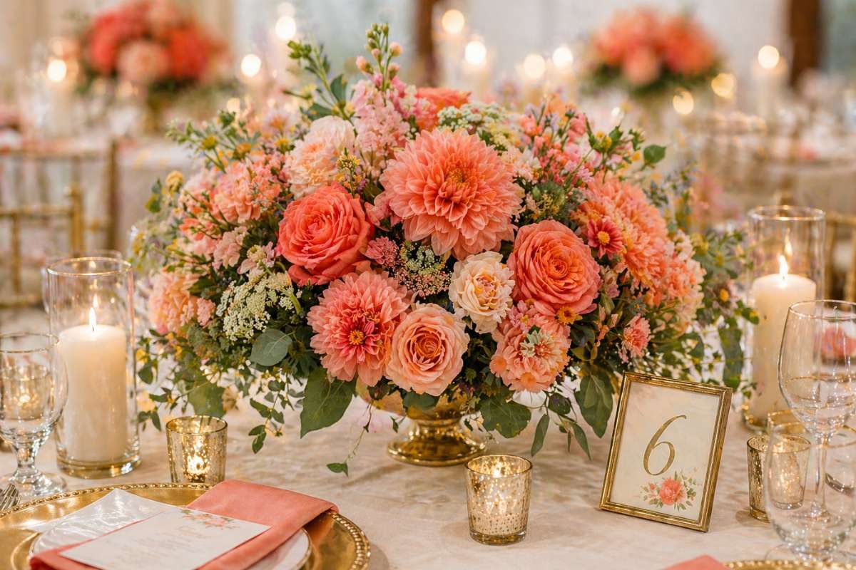 Wedding table centerpiece with coral flowers and gold accents