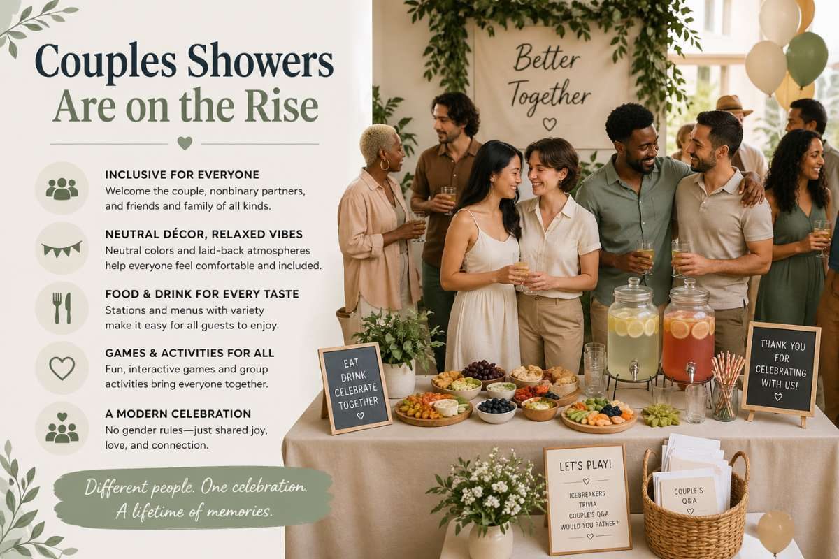 Couples bridal shower celebration with inclusive decor, food station, and group activities