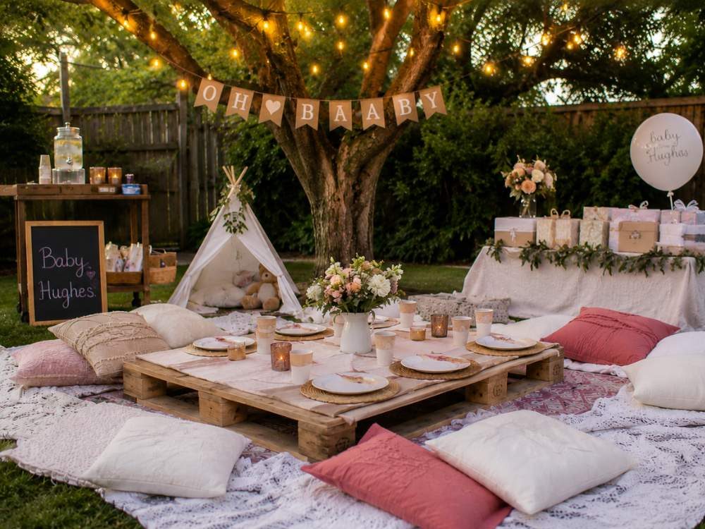Cozy backyard picnic-style baby shower with a low pallet table, soft blankets, floor cushions, fairy lights, a teepee, floral centerpiece, and boho decorations for an intimate outdoor celebration.