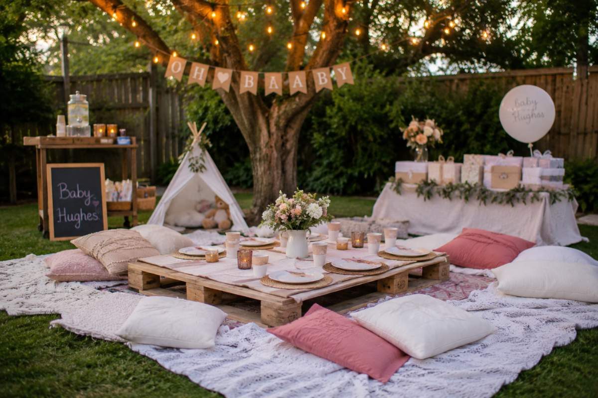 Cozy backyard picnic-style baby shower with a low pallet table, soft blankets, floor cushions, fairy lights, a teepee, floral centerpiece, and boho decorations for an intimate outdoor celebration.