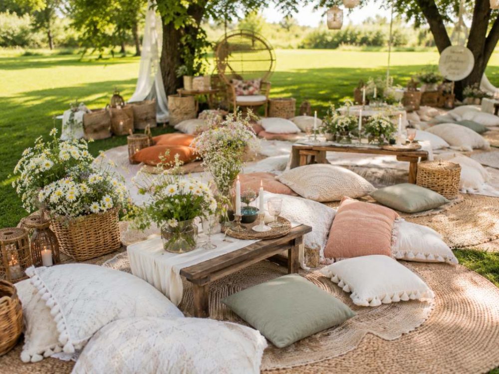 Cozy boho-style wildflower baby shower picnic lounge with layered rugs, floor cushions, wooden tables, wicker baskets, and fresh garden flowers.