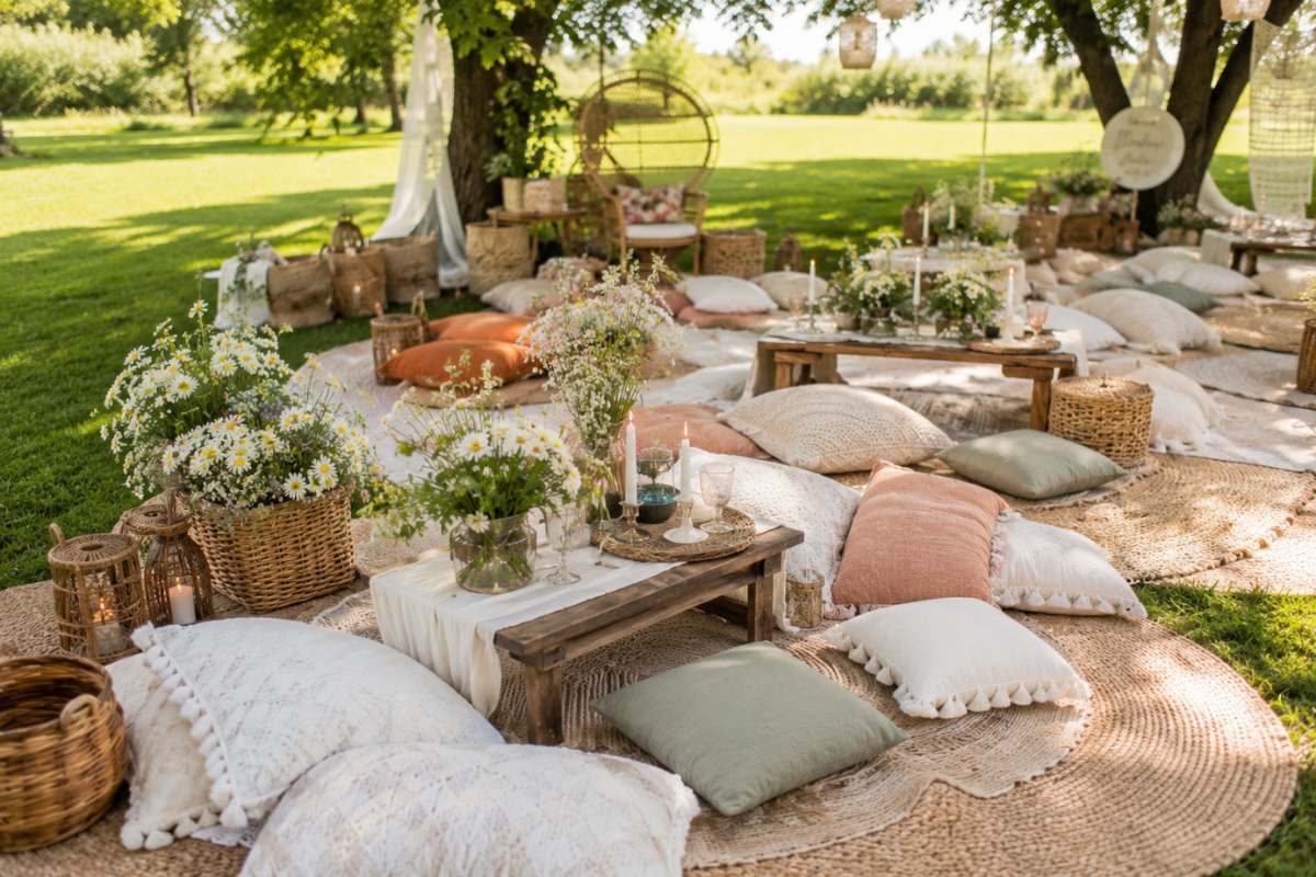 Cozy boho-style wildflower baby shower picnic lounge with layered rugs, floor cushions, wooden tables, wicker baskets, and fresh garden flowers.