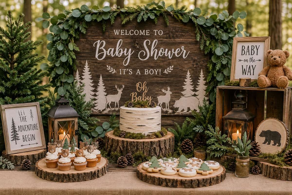 Cozy forest baby shower dessert table with wooden backdrop, balloons, greenery, and animal decor