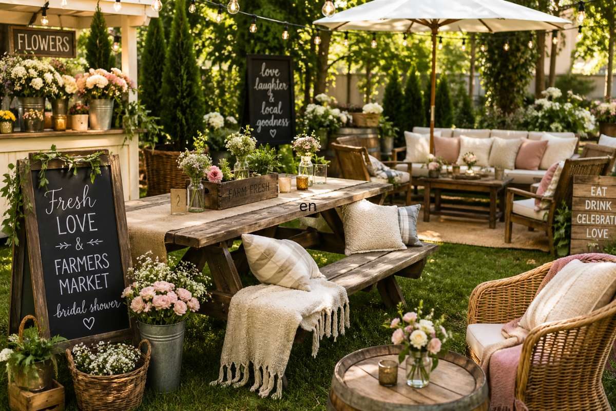 Outdoor garden seating area with rustic furniture and flowers for a cozy farmers market bridal shower