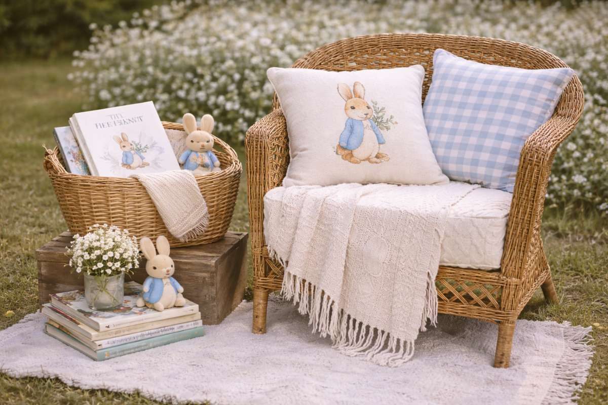Cozy reading corner with chair books and bunny decor for baby shower