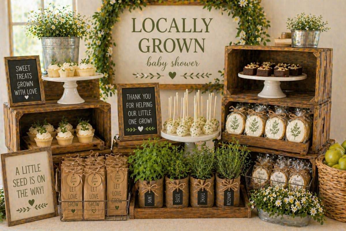 Wooden crate stacked dessert display for a locally grown baby shower with cupcakes, treats, and potted herbs.