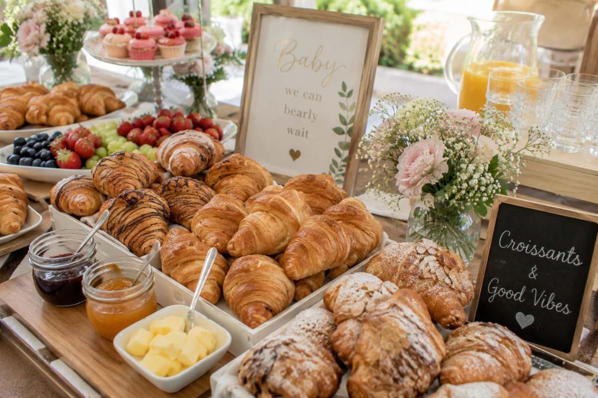 Croissant brunch spread for a baby shower featuring buttery croissants, chocolate-filled pastries, fruit platters, jams, butter, fresh flowers, and orange juice displayed on an elegant brunch table.