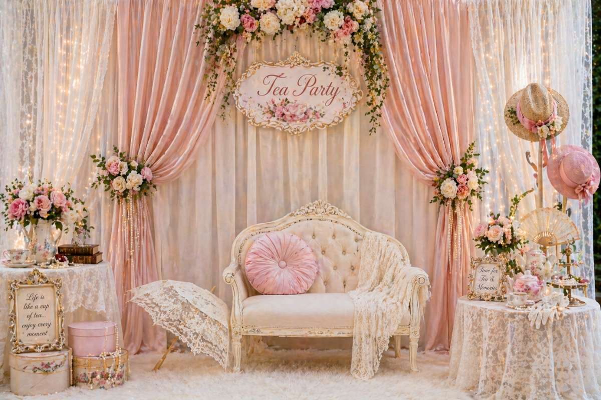 soft curtain backdrop with floral decor for tea party photo booth