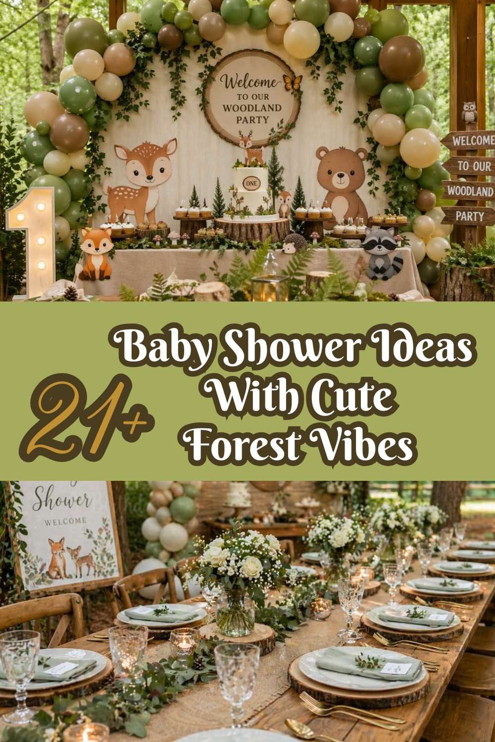Woodland baby shower setup with forest animals, greenery, balloon arch, and rustic outdoor party inspiration.