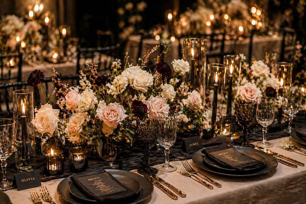 wedding table with dark plates, soft florals, and candlelight creating contrast and depth