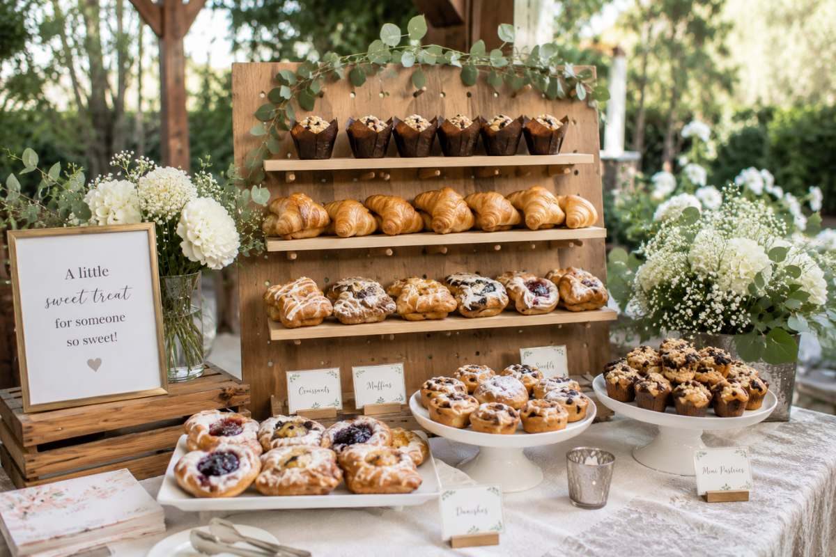 Decorative pastry display for a brunch baby shower featuring croissants, muffins, danishes, sweet pastries, fresh floral arrangements, and rustic wooden shelving in an elegant outdoor setting.