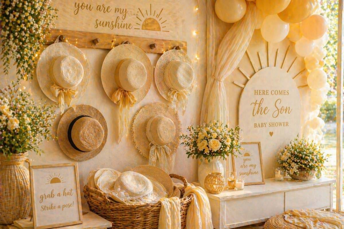 Decorative straw hat display for Here Comes the Son baby shower photo area