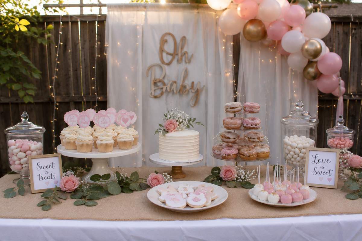 Elegant DIY baby shower dessert table with homemade cupcakes, frosted cake, donut tower, cake pops, decorated sugar cookies, candy jars, blush balloon garland, and an "Oh Baby" backdrop in a backyard setting.