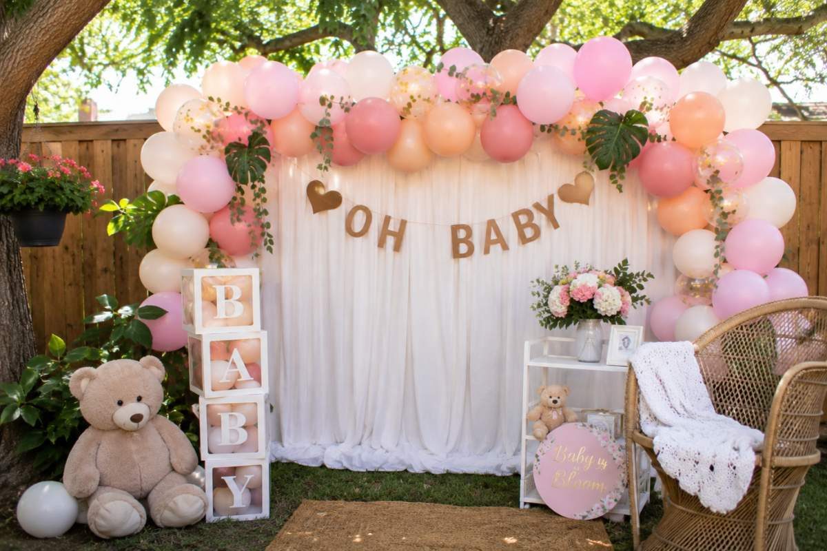 DIY pastel balloon garland backdrop with an "Oh Baby" banner, teddy bear, wicker chair, and floral decorations in a cozy backyard baby shower setting.