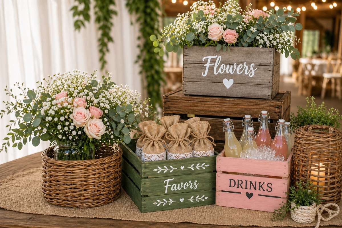 DIY wooden crates and baskets used for flowers, drinks, and favors in farmers market bridal shower setup