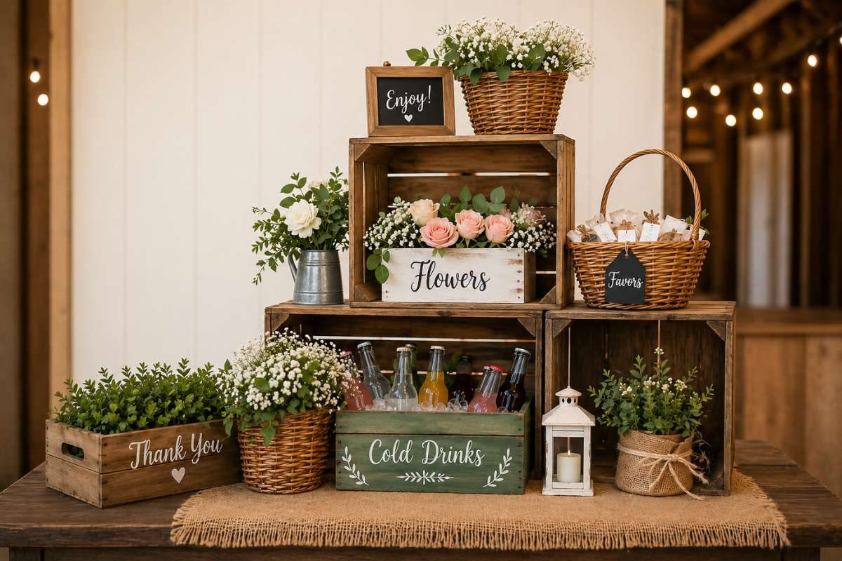 DIY wooden crates and baskets used for flowers, drinks, and favors in farmers market bridal shower setup