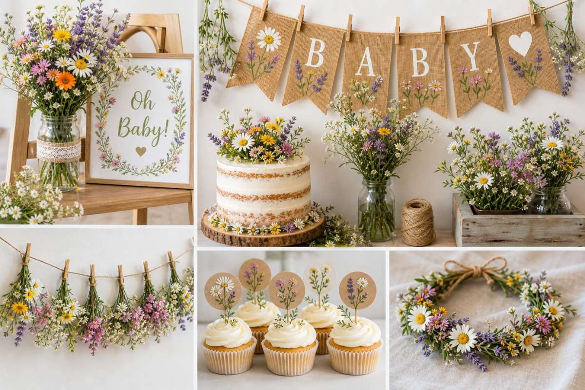DIY wildflower baby shower decor ideas with floral banners, cupcakes, and rustic decorations