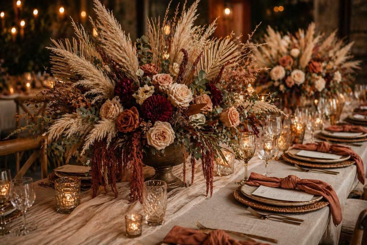 Boho wedding table with large dramatic floral centerpiece